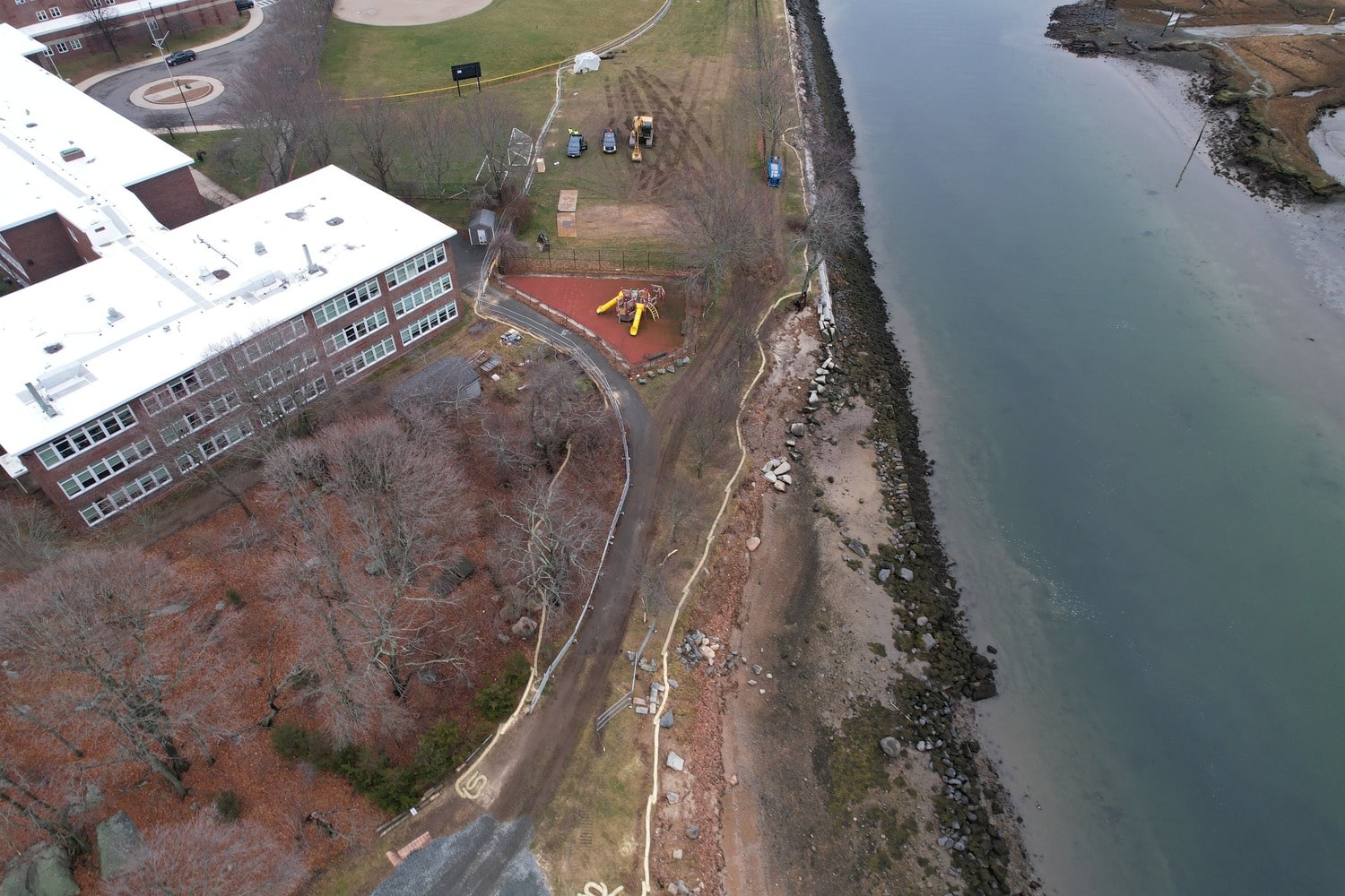 Sheet pile floodwall at Gloucester High School along the Annisquam River, Gloucester, Massachusetts